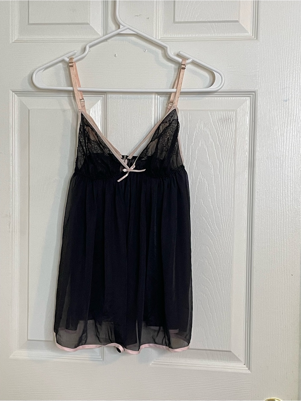 Victoria's Secret Black Sheer Mesh & Pink Lace Bow Babydoll Nightie Slip Size S